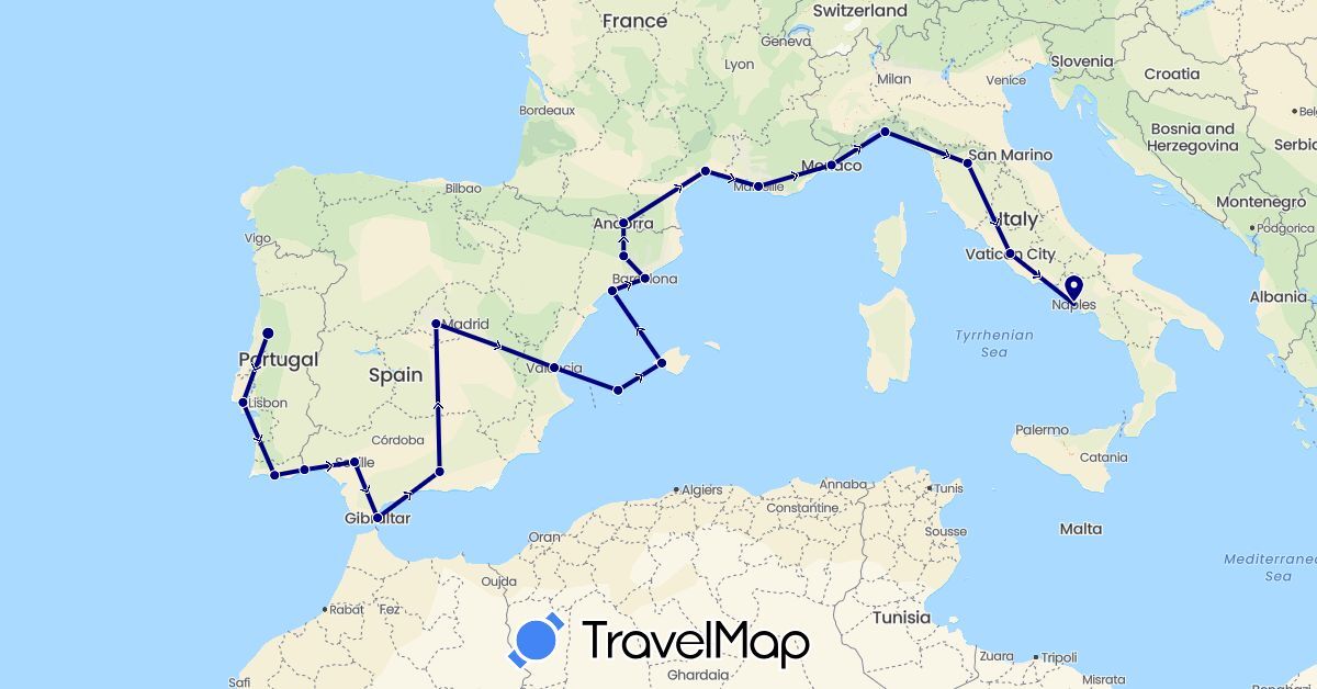 TravelMap itinerary: driving in Andorra, Spain, France, Gibraltar, Italy, Monaco, Portugal, Vatican City (Europe)